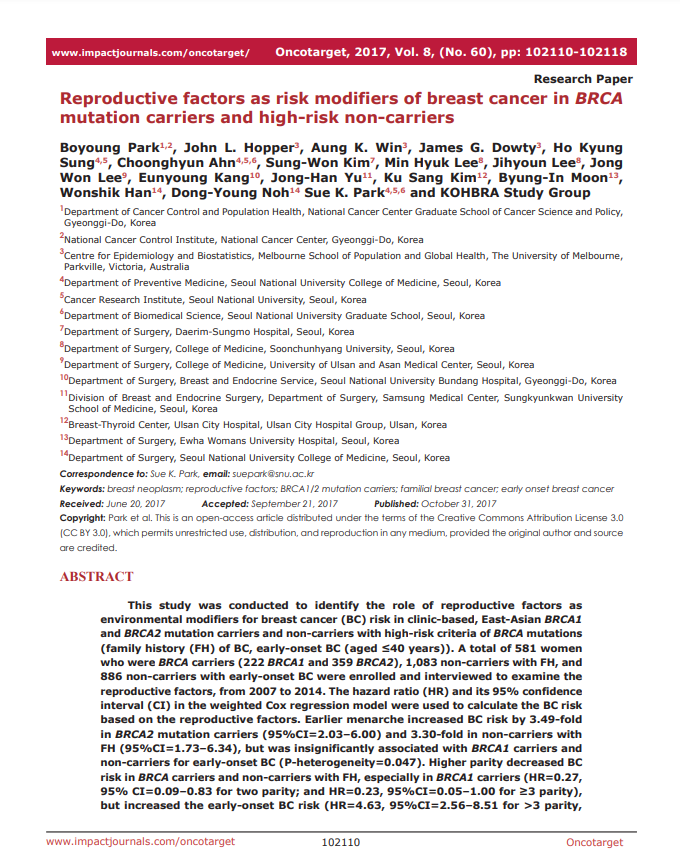 Reproductive factors as risk modifiers of breast cancer in BRCA mutation carriers and high risk